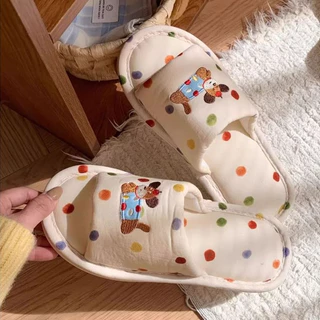 XIXITIAO รองเท้าแตะผ้าลินินญี่ปุ่น Polka Dot Four Seasons Universal Home ผ้าฝ้ายลินินรองเท้าชั้นผู้หญิง