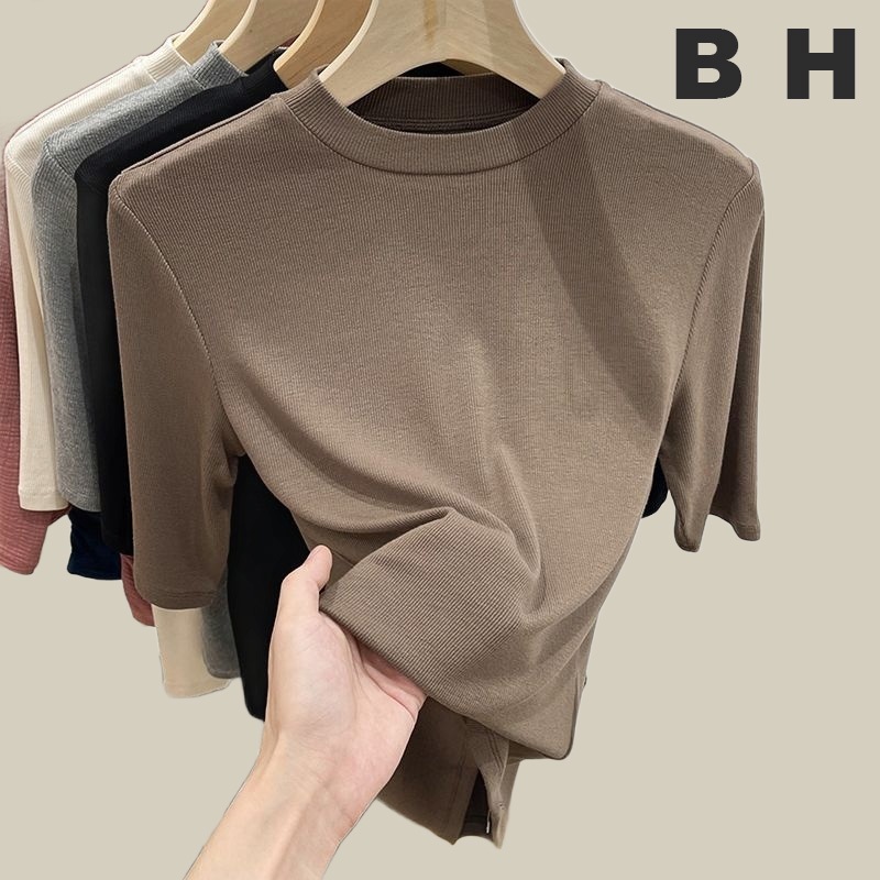 เสื้อยืด คอกลม แขนกลาง สีพื้น ทรงสลิมฟิต แฟชั่นฤดูร้อน สําหรับผู้หญิง