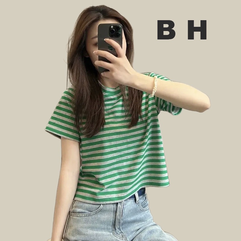 Bh เสื้อยืดแขนสั้น ผ้าฝ้าย ลายทาง สีตัดกัน สําหรับผู้หญิง