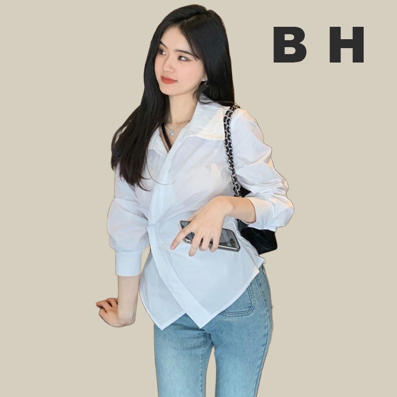 Bh เสื้อเชิ้ต แขนยาว สีขาว คอวี เอวบาง สไตล์เกาหลี สําหรับผู้หญิง – โปรปัง