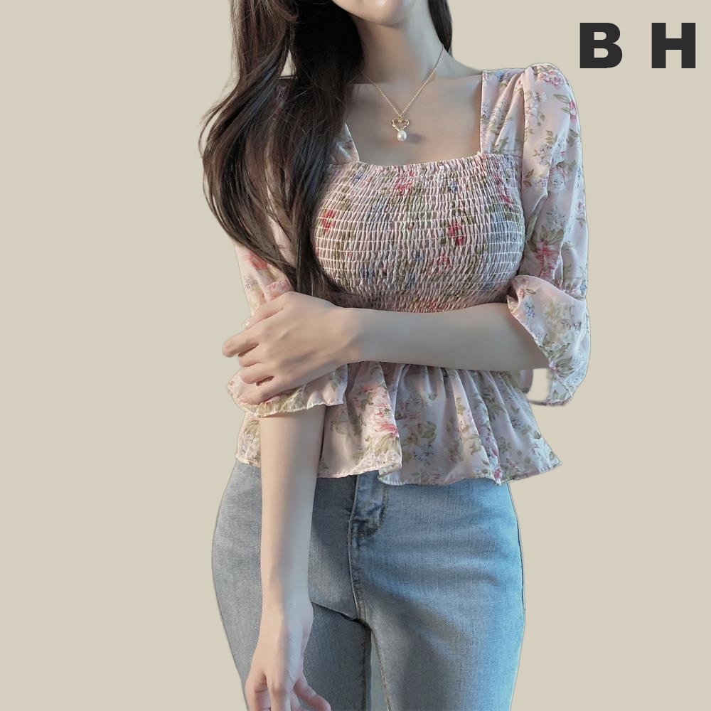 เสื้อเบลาส์ชีฟองลายดอกไม้ฤดูร้อนเอวสะบัดถึงแขนสั้นผอม