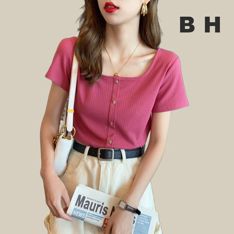 Korean version of the new lady retro French T-shirt square collar short sleeves