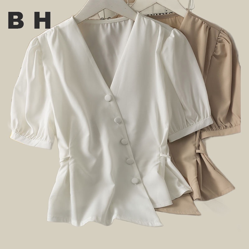 Bh Spring French Ladies เสื้อคอวีไม่สม่ําเสมอสไตล์สั้นเอวแขนฟอง