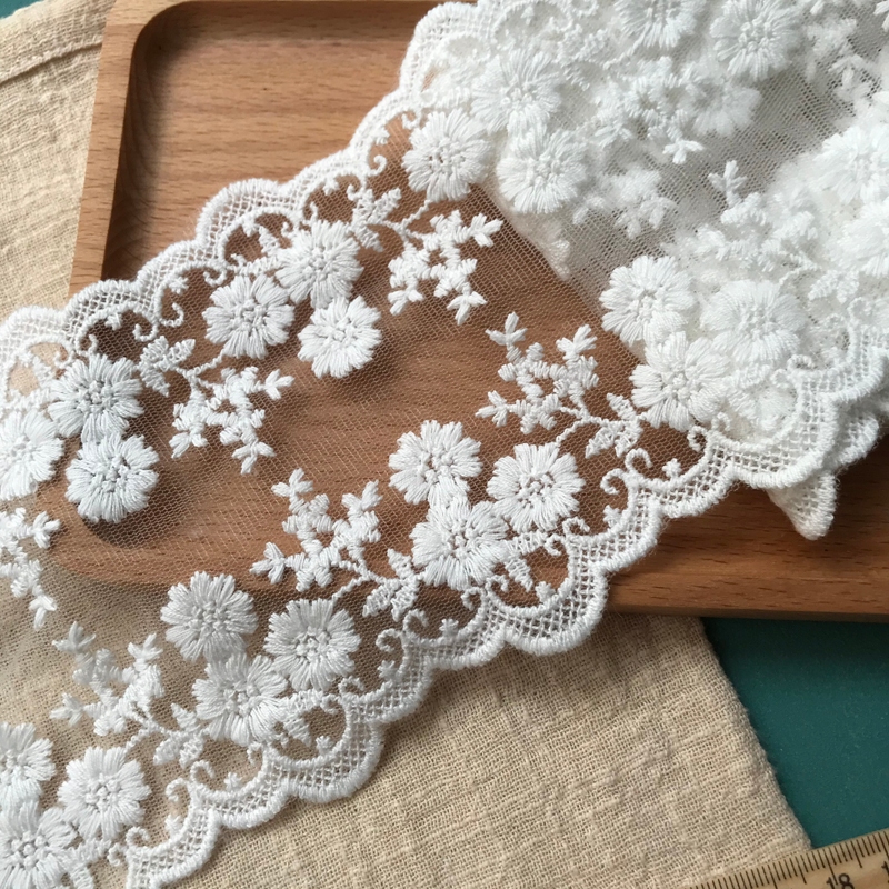 ผ้าฝ้ายสีขาบปักดอกไม้ลูกไม้สำหรับทำเป็นชุดผ้าม่าน DIY