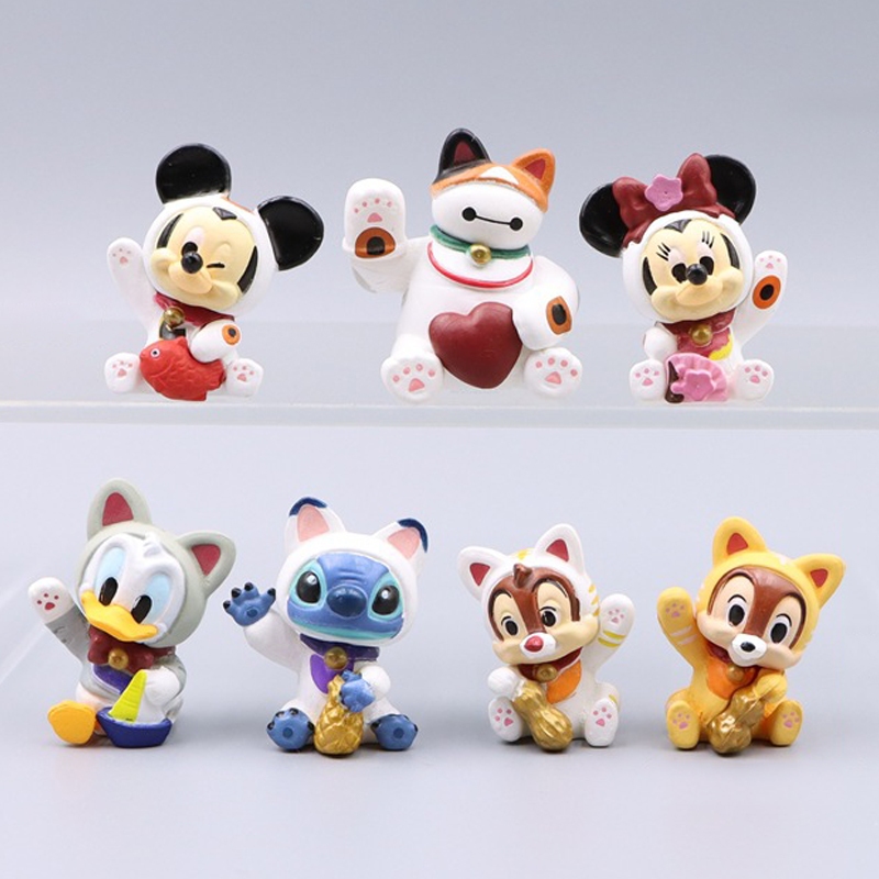 7 ชิ้น/เซ็ตการ์ตูนอะนิเมะ Cross Dressing Maneki-Neko Stitch ชิป an Dale Donald Duck Mickey Mouse รุ่น Q PVC Action Figures ตุ๊กตาของเล่น