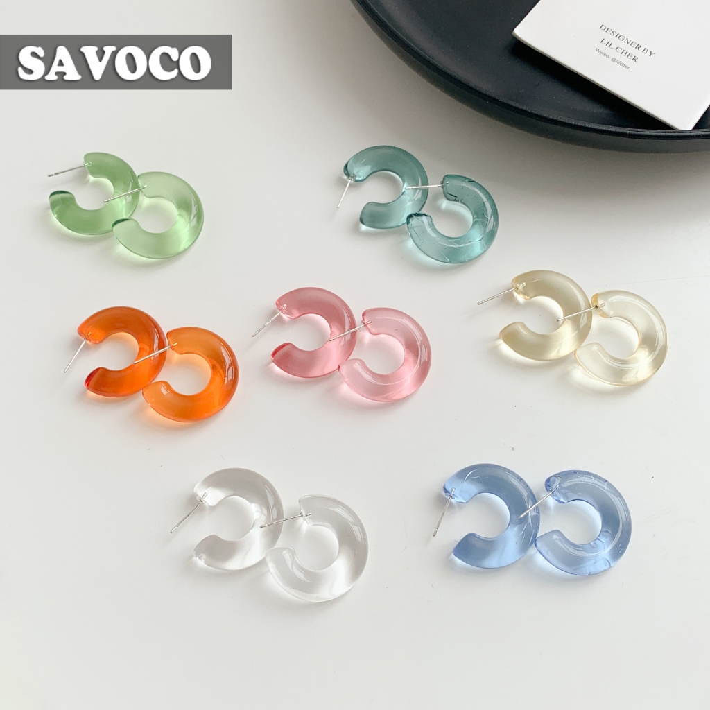 SAVOCO แฟชั่นโปร่งใสสีสัน C-shape ต่างหูบุคลิกภาพ Holiday Stud ต่างหู SE246