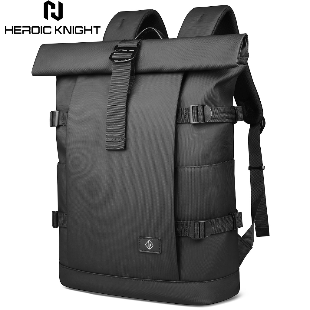 HEROIC KNIGHT Waterproof Extended Large Roll Top Laptop Backpack - สีดํา (19-28L/17.3")
