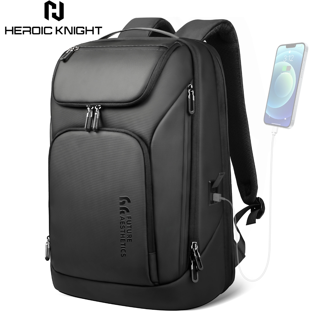 HEROIC KNIGHT Waterproof Mens Large Laptop Backpack With USB Port - Black (30L/17.3")