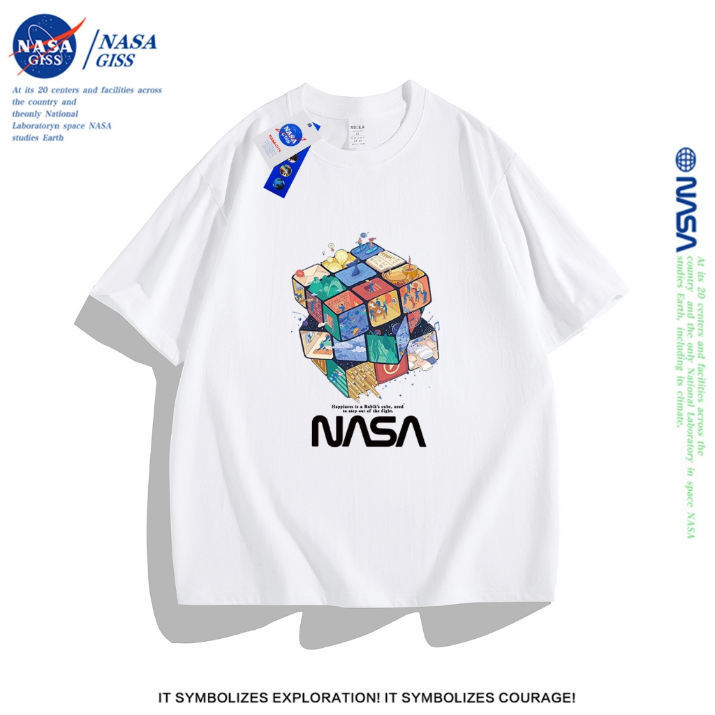 NASA เสื้อยืดหญิงชาย สไตล์ยอดนิยม เสื้อ summer NASA Rubiks Cube พิมพ์ลาย ผ้าฝ้ายแท้ คอกลม ทรงหลวม ระ