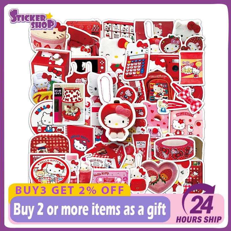 50 ชิ้น Sanrio Hello Kitty สติกเกอร์ตกแต่งกระเป๋าแล็ปท็อปกันน้ําสีแดง INS สไตล์สติกเกอร์