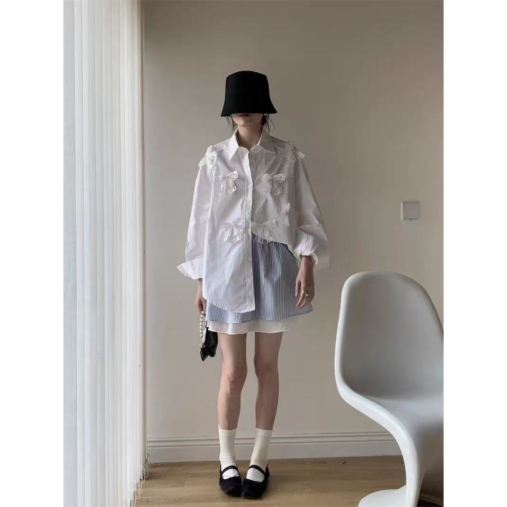 สไตล์เกาหลีผู้หญิงฤดูใบไม้ร่วงหลวมถุงลูกไม้โบว์เสื้อแขนยาว รูปที่ 7