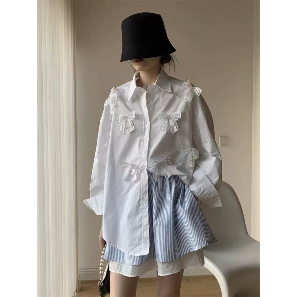 สไตล์เกาหลีผู้หญิงฤดูใบไม้ร่วงหลวมถุงลูกไม้โบว์เสื้อแขนยาว รูปที่ 4