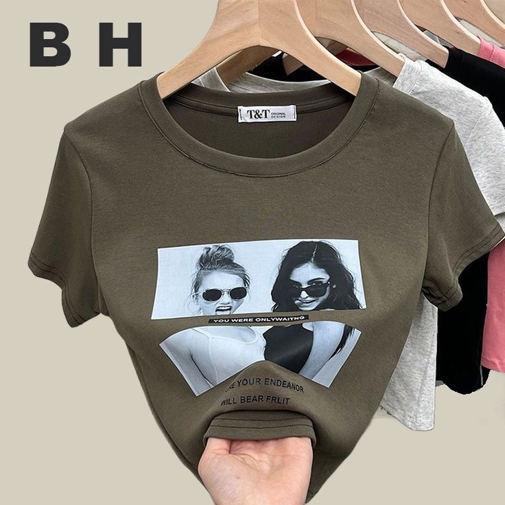 เสื้อยืด คอกลม แขนสั้น ผ้าฝ้าย พิมพ์ลาย สไตล์เกาหลี สําหรับผู้หญิง