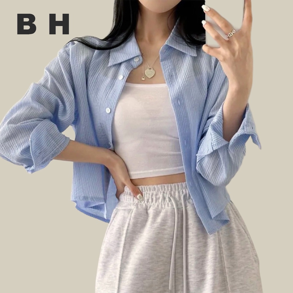Bh เสื้อเบลาส์ แขนยาว ลายทาง ทรงหลวม สไตล์เกาหลี สําหรับผู้หญิง