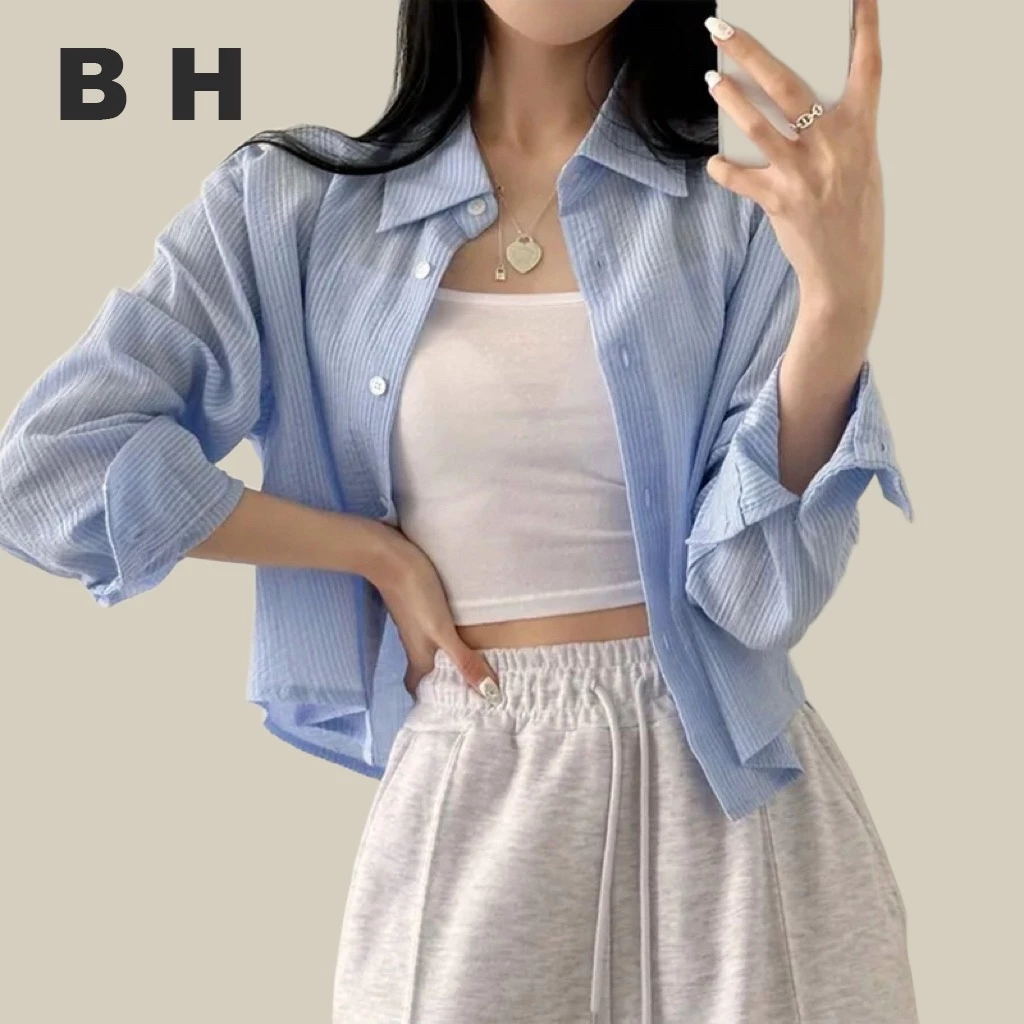 Bh เสื้อเบลาส์ แขนยาว ลายทาง ทรงหลวม สไตล์เกาหลี สําหรับผู้หญิง