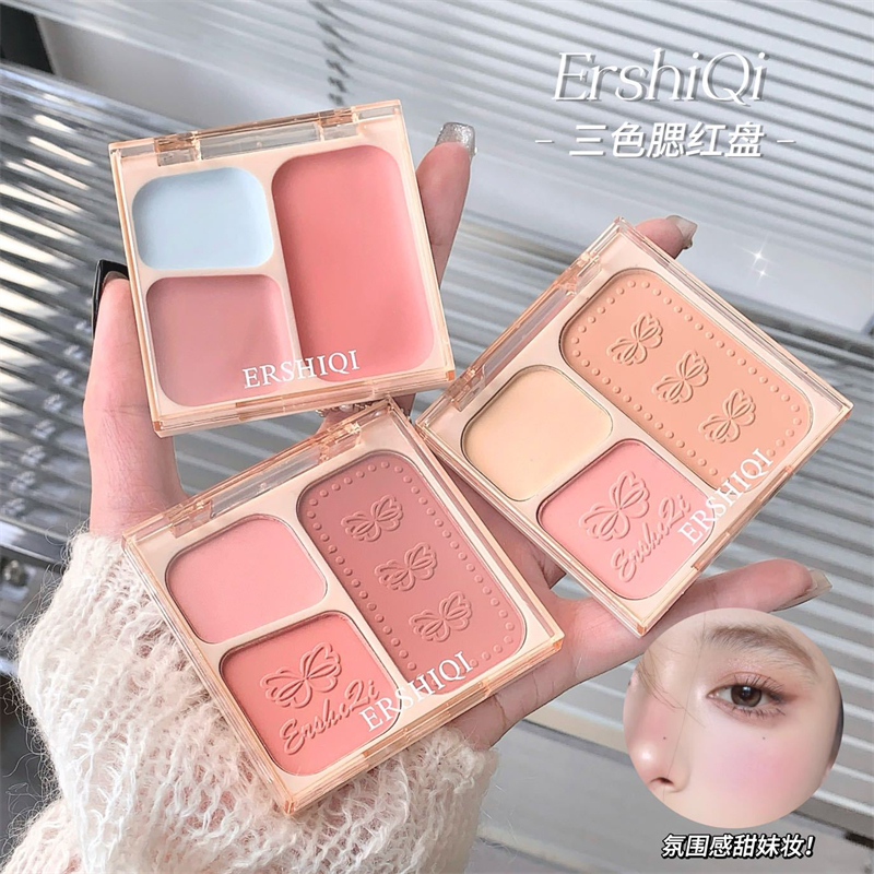 3สีบลัชออนจานสีปัดแก้มบนที่มีปากกาเน้นข้อความผงละเอียดอ่อนใช้งานง่ายครีมสีชมพูติดทนนานกันน้ํา