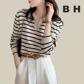 ใหม่ เสื้อกันหนาว คอวี แขนยาว ลายทาง ทรงหลวม สําหรับผู้หญิง