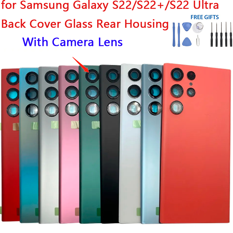 สําหรับ Samsung Galaxy S22 S22 + S22 Ultra ฝาหลังกระจกด้านหลังแบตเตอรี่ประตูเปลี่ยนเลนส์กล้องสติกเกอร์กาว