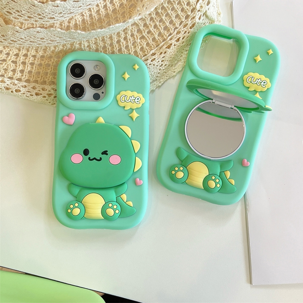 Mirror Dino iPhone 16 16 Pro 16 Pro Max 12 Pro Max 13 14 14 Pro Max 15 Pro 15 Pro Max Case Cute Soft TPU Silicon Stand Back Cover Full Protection เคสโทรศัพท์มือถือกันกระแทก