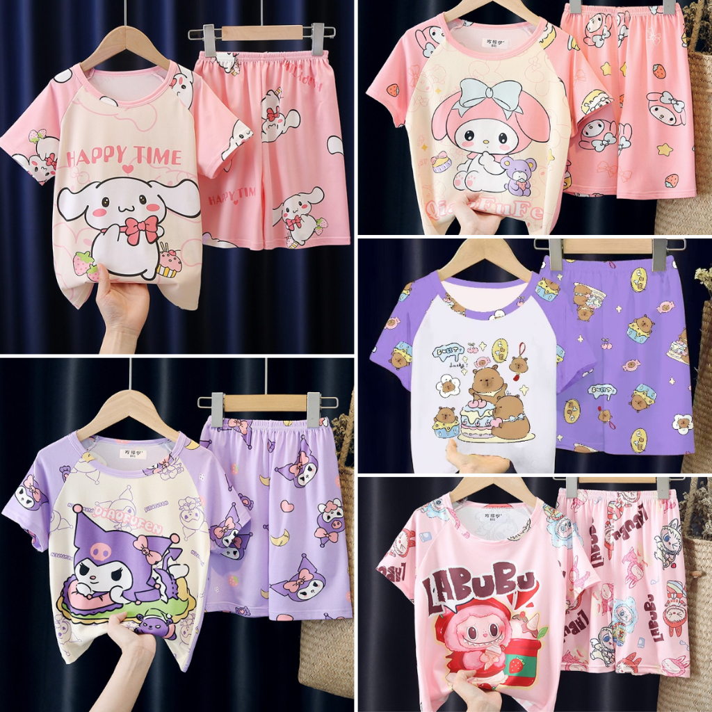 ชุดนอนแขนสั้นแบบบางลายการ์ตูนแฟชั่นฤดูร้อนสำหรับนักเรียนชายและหญิง