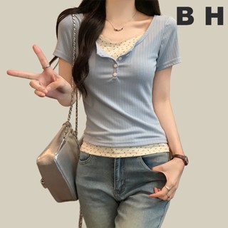 ข ผ้าฝ้ายผู้หญิงแขนสั้นเสื้อยืดปลอมสองชิ้นของฐานลูกไม้ดอกไม้…