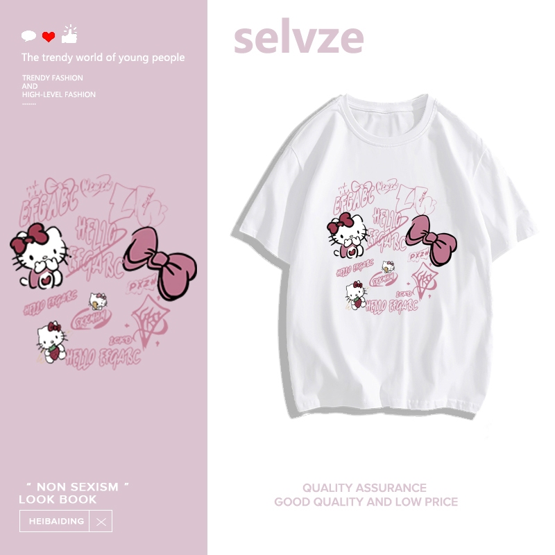 SELVZE เสื้อยืดผ้าคอตตอน 100% ผู้หญิง，เสื้อคิตตี้ ทรงหลวม การ์ตูนน่ารักเรียบง่ายพิมพ์ I004496