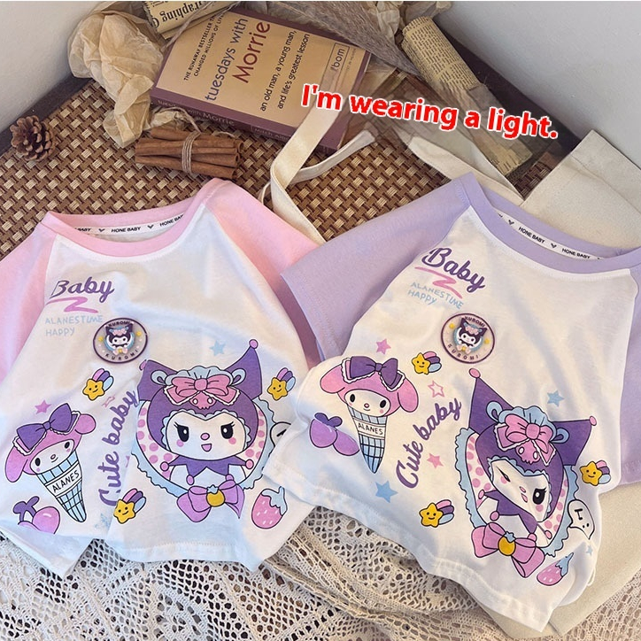 เสื้อยืดแขนสั้น Kuromi ใหม่สำหรับเด็กผู้หญิงปี 2025 | เสื้อผ้าฝ้าย 100% สำหรับฤดูร้อนพร้อมลายการ์ตูน | เสื้อคาสวลสำหรับเด็กที่นุ่มและระบายอากาศได้ดี