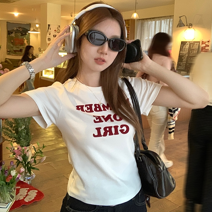 Hotpink ส่งจาก Bangkok🔥เสื้อยืดผ้าฝ้าย พิมพ์ตัวอักษร คอกลม เสื้อครอป ดูผอมใส่สบาย เสื้อยืดคุณภาพสูง - รูปที่ 3