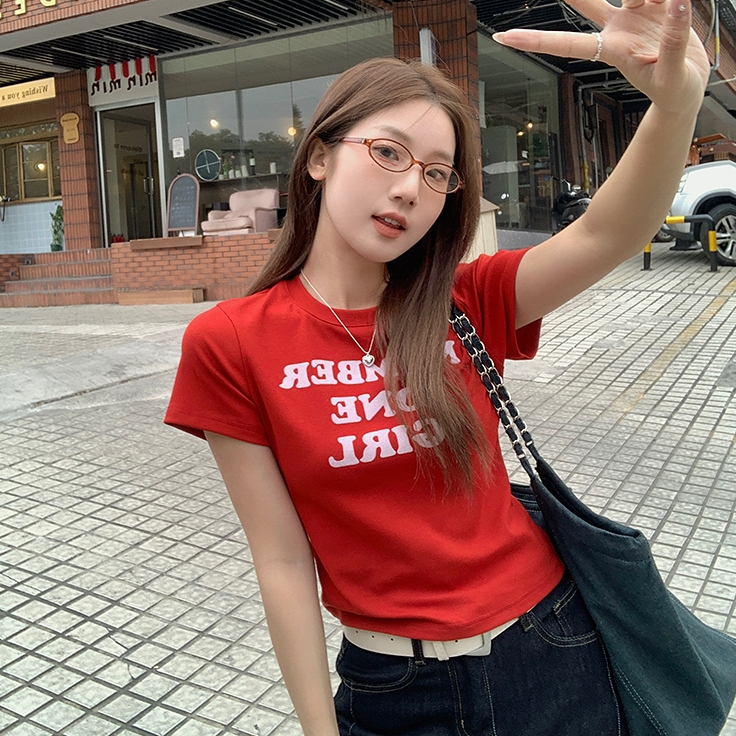 Hotpink ส่งจาก Bangkok🔥เสื้อยืดผ้าฝ้าย พิมพ์ตัวอักษร คอกลม เสื้อครอป ดูผอมใส่สบาย เสื้อยืดคุณภาพสูง - รูปที่ 2