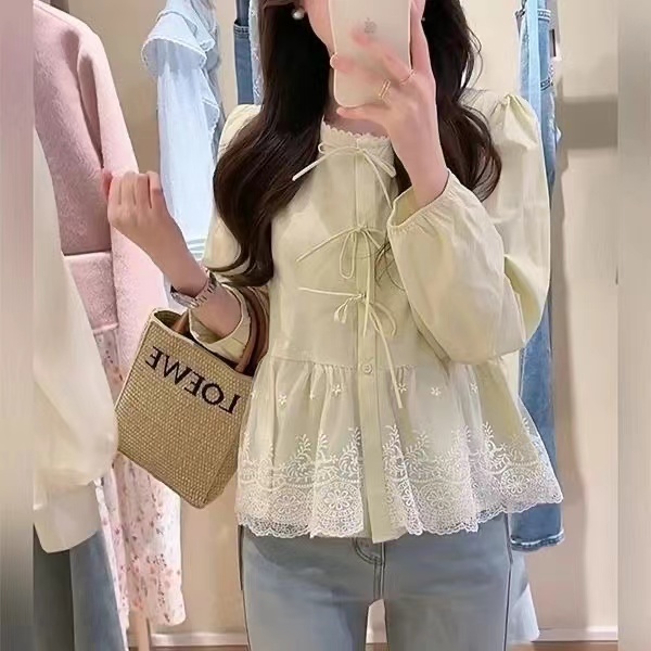 เกาหลีผู้หญิงแฟชั่นย้อนยุคแขนยาวลูกไม้เสื้อคอกลมหวานท็อปส์