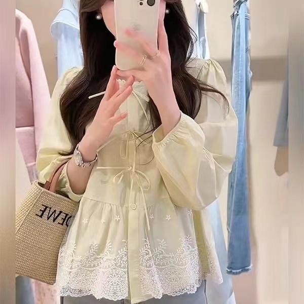 เสื้อเบลาส์เสื้อลูกไม้แขนยาวทรงหลวมย้อนยุคแฟชั่นสตรีเกาหลี