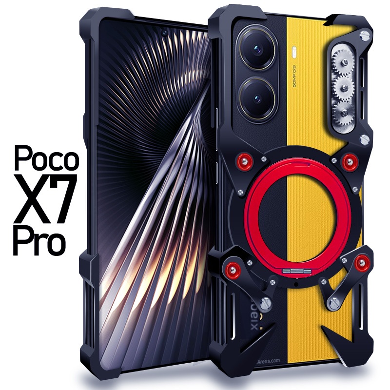 สําหรับXiaomi poco f7 f6 f5 x7 x6 x5 ultra pro redmi turbo 4 3 k80 k70 k60 k70eโทรศัพท์อลูมิเนียมเกราะกรอบโลหะกันชนไม่มีขอบ 360 องศาหมุนผู้ถือขาตั้งเชลล์กลับกรณีฝาครอบ