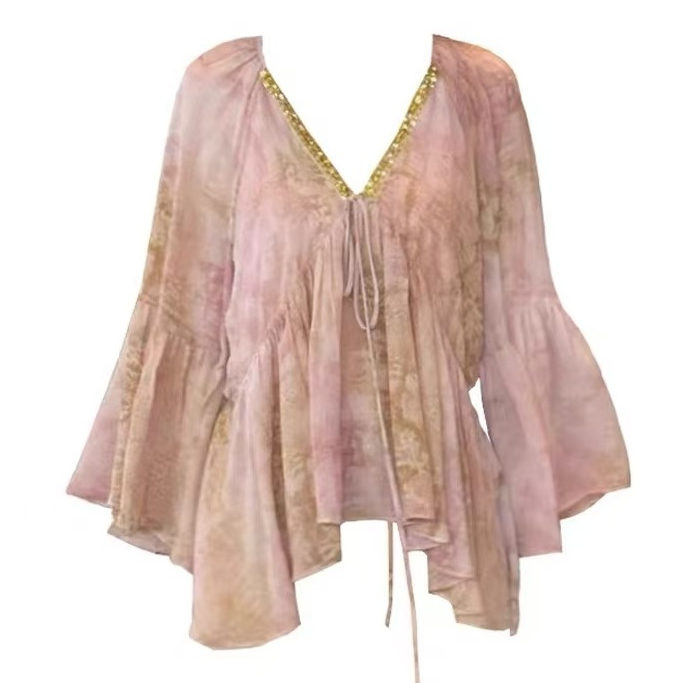 เสื้อชีฟองลายดอกไม้คอวีแขนยาวผู้หญิงเกาหลี