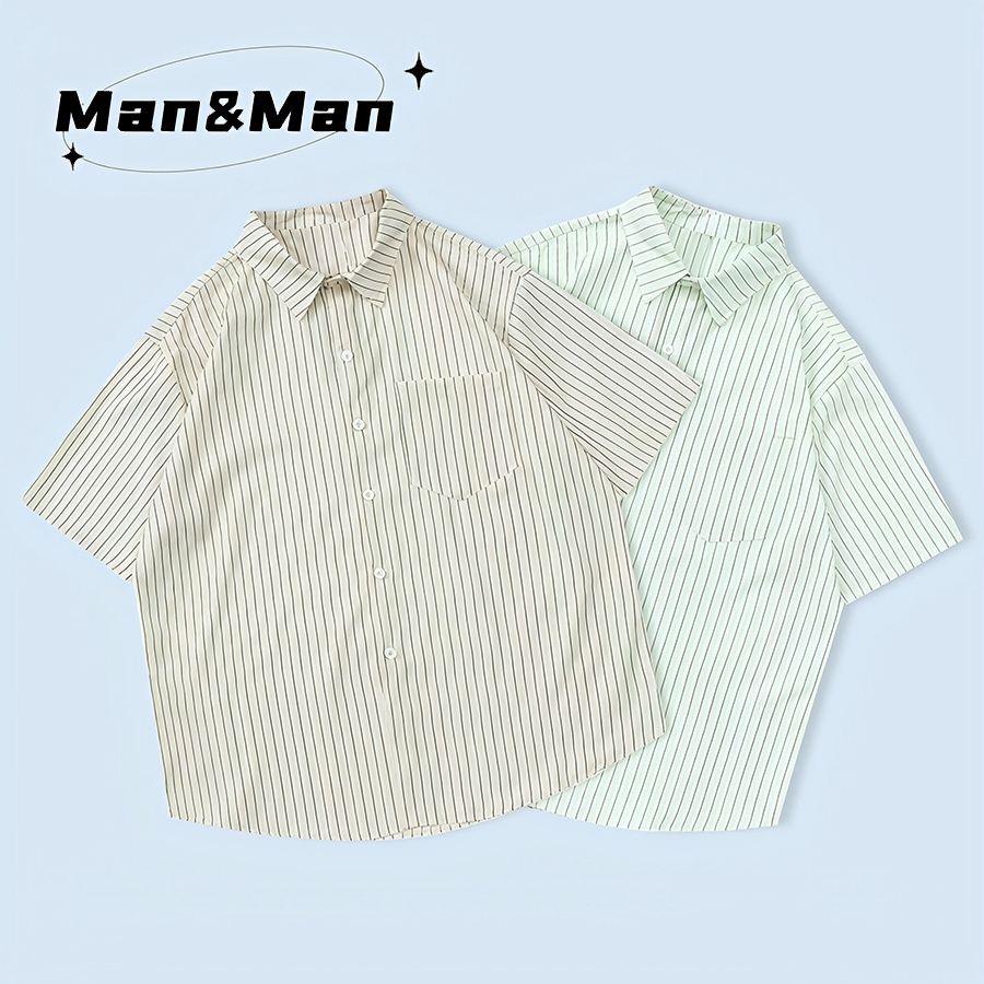M＆M เสื้อเชิ้ตแขนสั้น เสื้อเชิ้ตลายทาง สีอ่อน แนววินเทจสไตล์ญี่ปุ่น แบบหลวมลำลอง