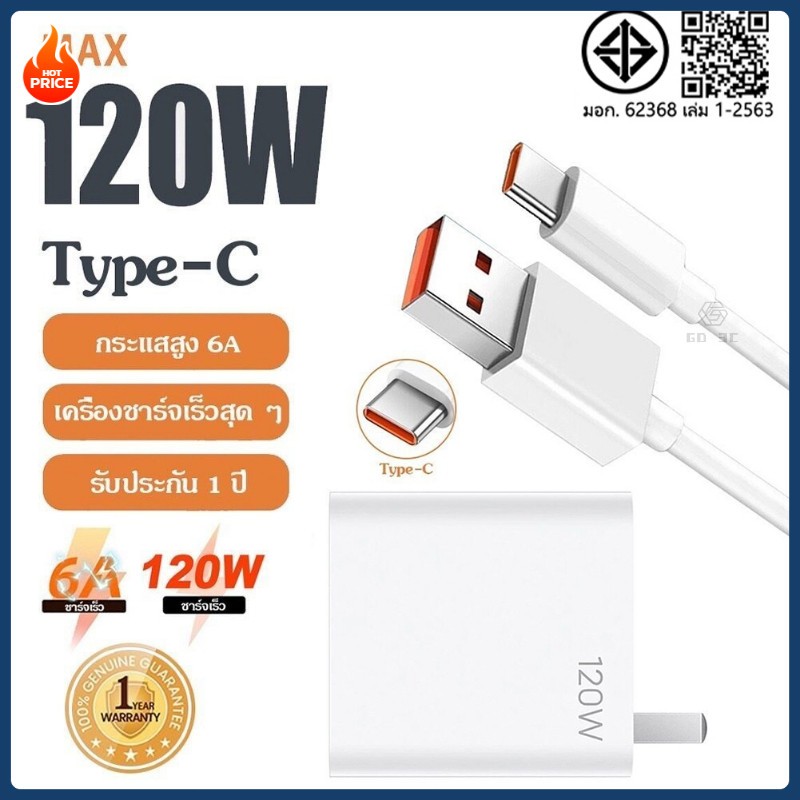 type c 6A ซูเปอร์แฟลชชาร์จ (สายชาร์จเร็ว+หัวชาร์จ) ชุดชาร์จเร็ว 120W 66W 44W33W Fast Charge หัวชาร์จ