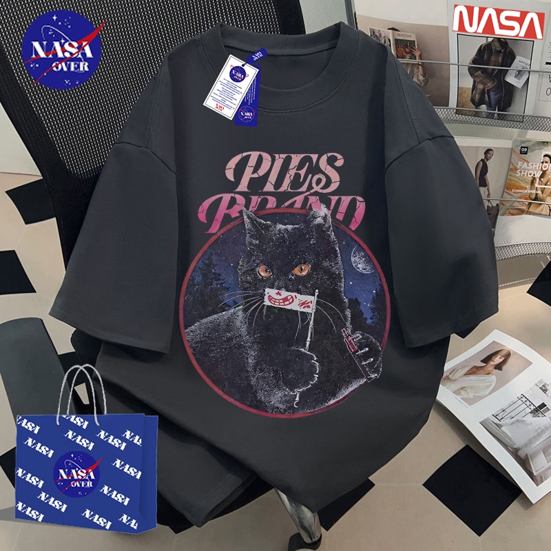 【พร้อมส่ง】🔥NASA ใส่ได้ทั้งชายหญิง เสื้อ ผ้าฝ้ายแท้100% แขนสั้น ลายแมวดำ 🐱🖤 ทรงโอเวอร์ไซส์ คอกลม เสื้