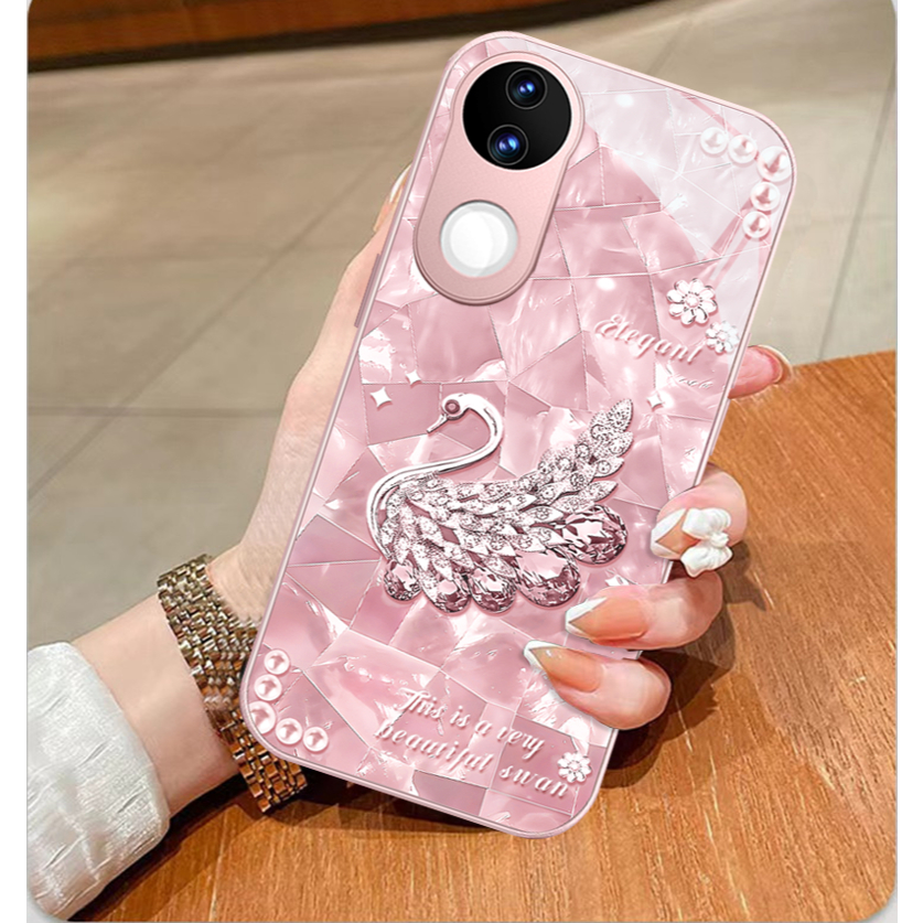 เคส Vivo V60 V50 V40 V50 Lite Y200 V30 V29 5G เคส Vivo V40 Pro เคสกันกระแทกน่ารักหรูหราแวววาวหงส์พร้อมฝาครอบกล้องเลนส์ป้องกันของเหลวแก้วโทรศัพท์สําหรับสาวผู้หญิง