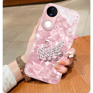 เคส Vivo V60 V50 V40 V50 Lite Y200 V30 V29 5G เคส Vivo V40 Pro เคสกันกระแทกน่ารักหรูหราแวววาวหงส์พร้อมฝาครอบกล้องเลนส์ป้องกันของเหลวแก้วโทรศัพท์สําหรับสาวผู้หญิง
