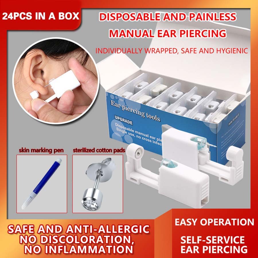 24PCS ทิ้งหูเจาะปืนในตัวต่างหู Studs Hypoallergenic หูเจาะชุดสําหรับ Home Self