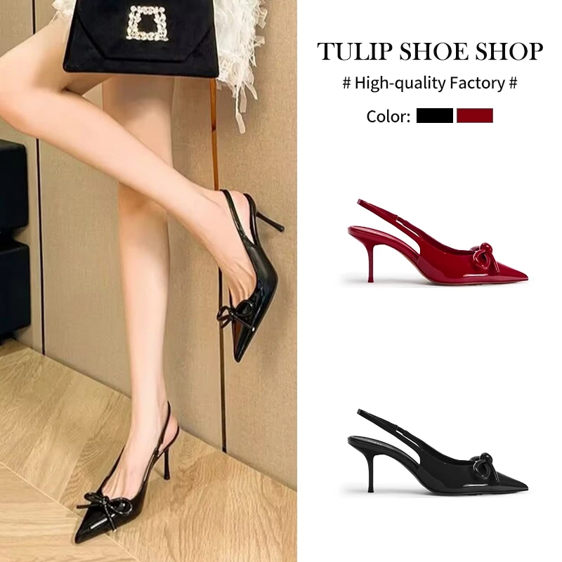 TULIP SHOE🧡ไทยส่ง🧡รองเท้าส้นสูง รองเท้าแฟชั่นสำหรับผู้หญิง ส้นสูงหัวแหลมผูกโบว์ หนังแท้ นิ้วหัวแหลม