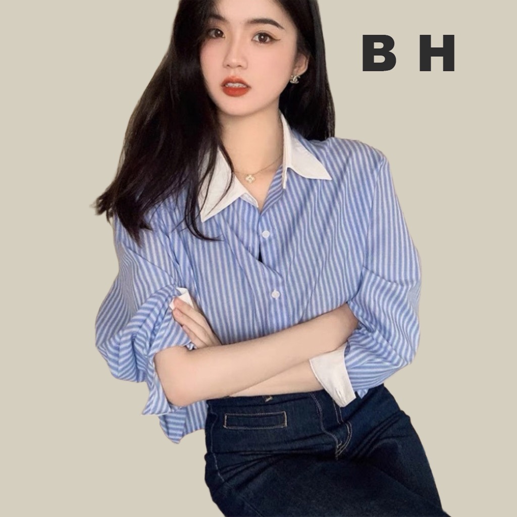 Bh เสื้อเชิ้ตแขนยาว คอปกโปโล ลายทาง สไตล์เกาหลี สําหรับผู้หญิง