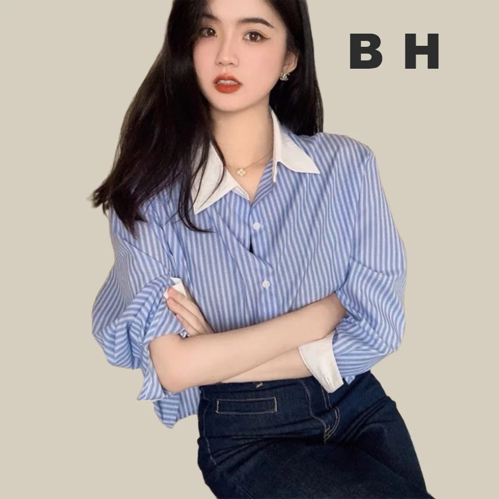 Bh เสื้อเชิ้ตแขนยาว คอปกโปโล ลายทาง สไตล์เกาหลี สําหรับผู้หญิง
