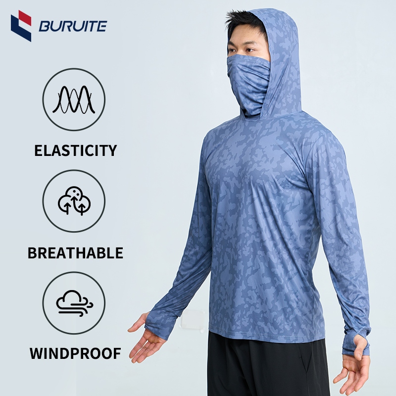 UPF50+เสื้อคลุมกันแดดมีฮู้ดสำหรับตกปลา แบบสวมหัว กัน UV99% ระบายอากาศดี