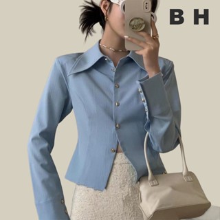 เสื้อเชิ้ตแขนยาว คอปกพับ สีพื้น สไตล์ฝรั่งเศส แฟชั่นฤดูใบไม้…