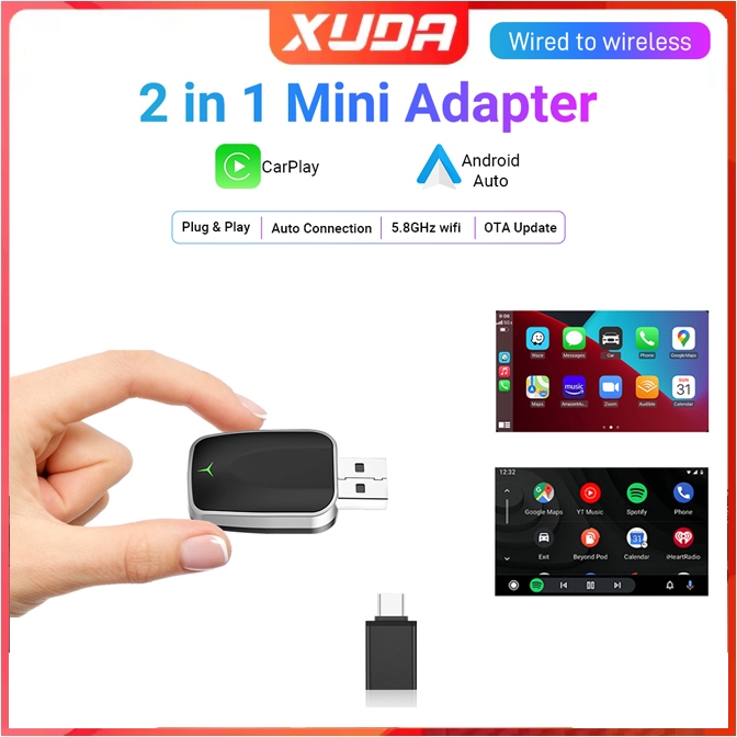 XUDA สําหรับรถยนต์ 99% 2 in 1 AI Box Mini Adapter Wired to Wireless Carplay & Android Auto เข้ากันได้กับPlug and Play WiFi Smart Dongle