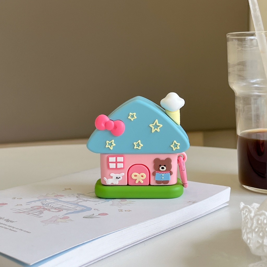 การ์ตูนน่ารักซิลิโคน 3D หมี House หูฟังสําหรับ AirPods 1 2 3 4 Pro หูฟังไร้สายบลูทูธสําหรับ AirPods Pro2 กันกระแทกปลอก
