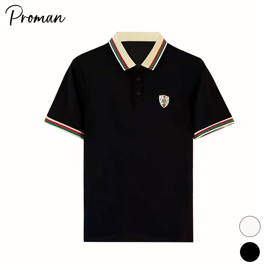⚡ProMan⚡เสื้อโปโลคอปกฤดูร้อน  เรียบง่าย  แบบหลวม  เสื้อสีต่อชาย
