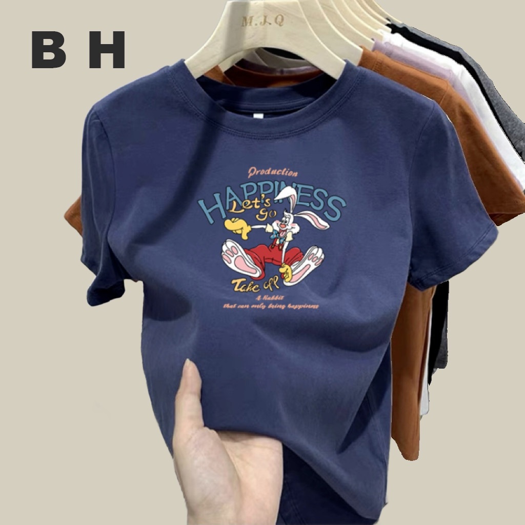 Bh เสื้อยืด คอกลม แขนสั้น ผ้าฝ้าย พิมพ์ลาย แฟชั่นฤดูร้อน สําหรับผู้หญิง