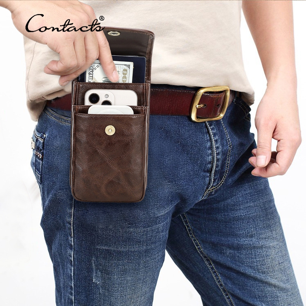 CONTACT'S หนังแท้กระเป๋าโทรศัพท์เอวผู้ชายหรูหนังล้างเอวแพ็คกระเป๋าเข็มขัดแนวตั้งสำหรับ 6.9 "โทรศัพท์ Pro Max