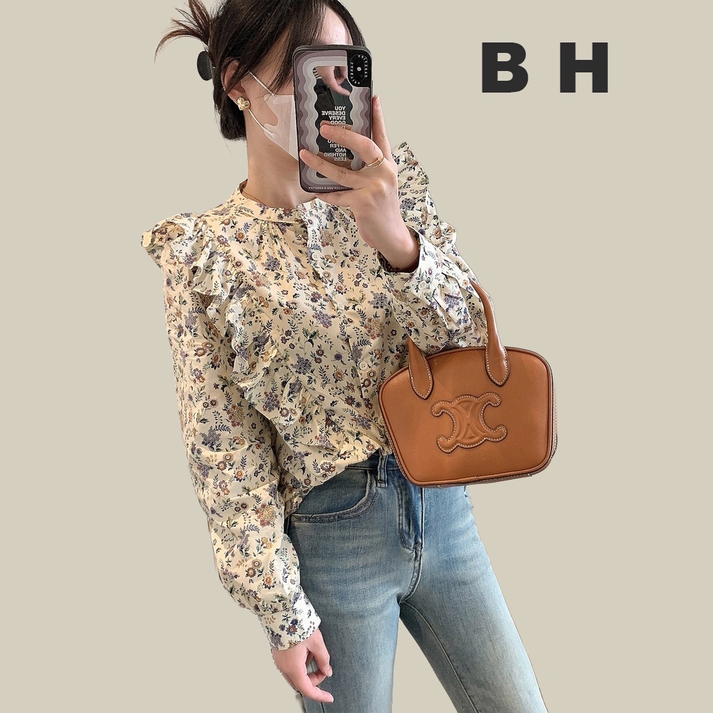 Bh เสื้อเบลาส์ แขนยาว ทรงหลวม ลายดอกไม้ สไตล์เกาหลี สําหรับผู้หญิง